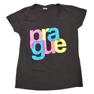 Fox Brand Black Prague V Neck‎ T Shirt Women's Size L Colorful Graphic Tee